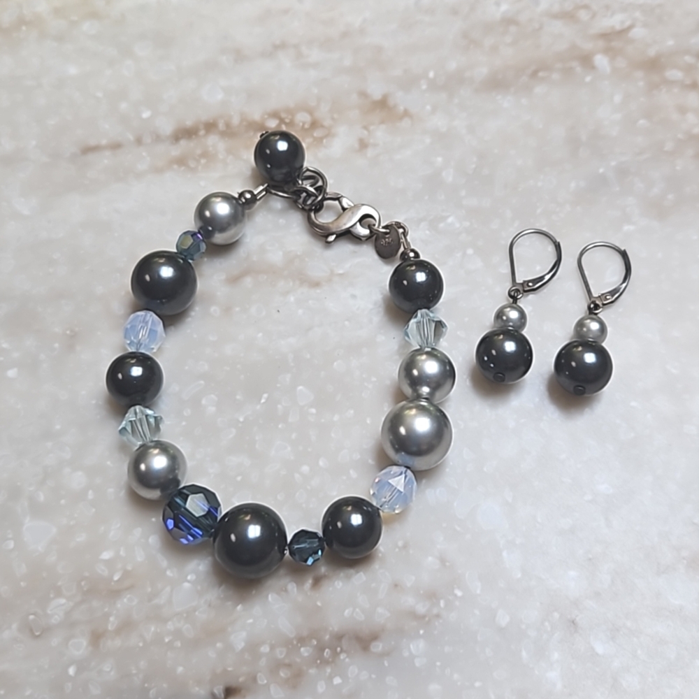 😍925 Emily Ray Grey Pearl Bead Bracelet & Earrings Set😍NWOT
